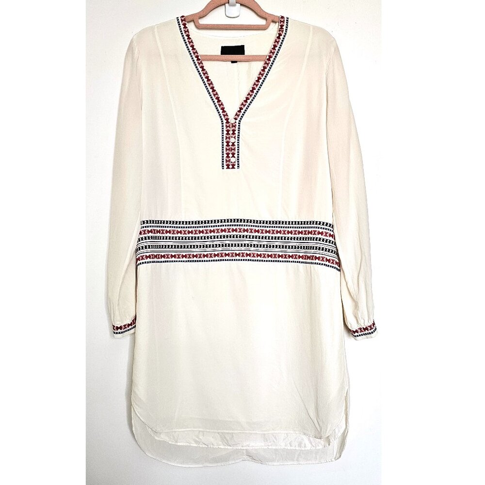 Intermix Embroidered Button Up Long Sleeve High Low Tunic Mini Dress S Off White